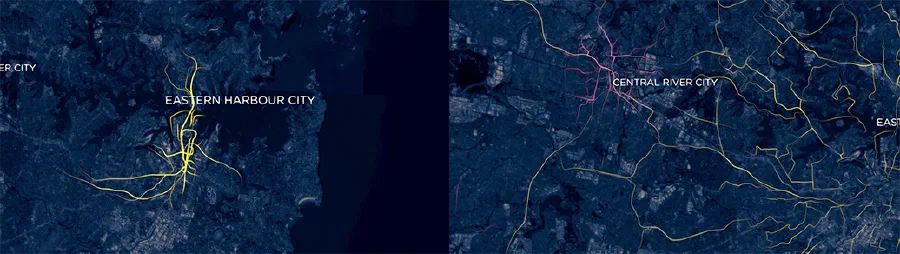 Collaborative use of zoom and movement to show the most interesting aspects of the data, in this case public transport routes connecting all 3 cities together within a 30 minute travel time.