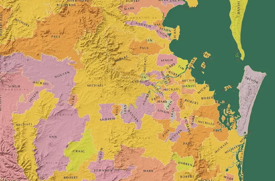 Map of most common business owner names in Brisbane