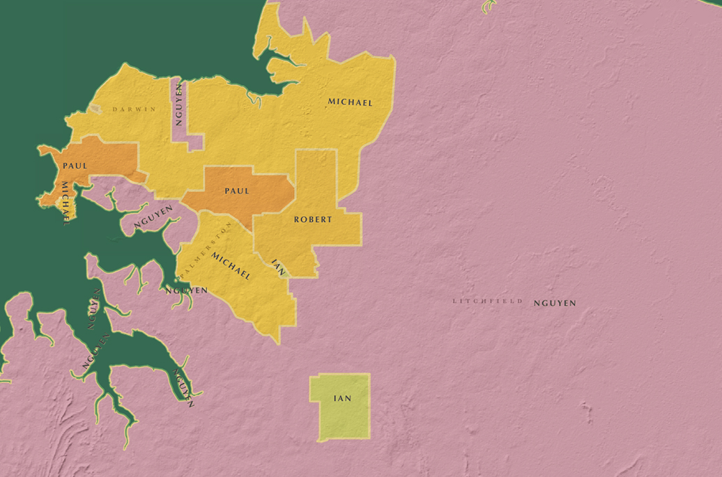 Map of most common business owner names in Darwin