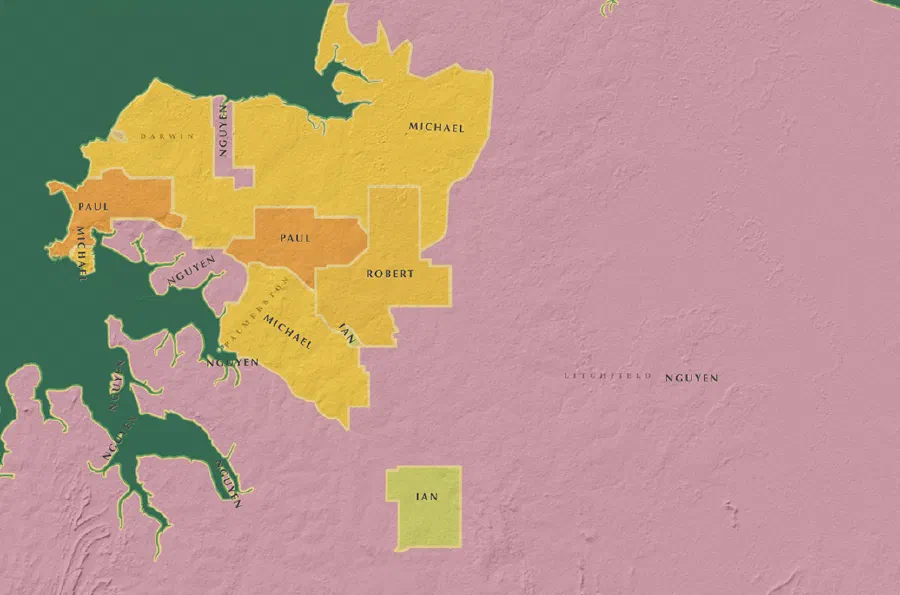 Map of most common business owner names in Darwin