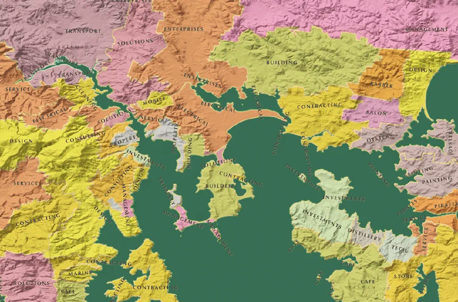 Map of most common business sectors in Hobart