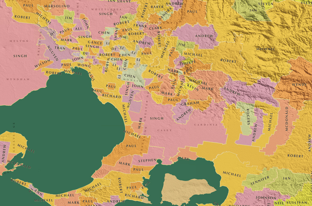 Map of most common business owner names in Melbourne