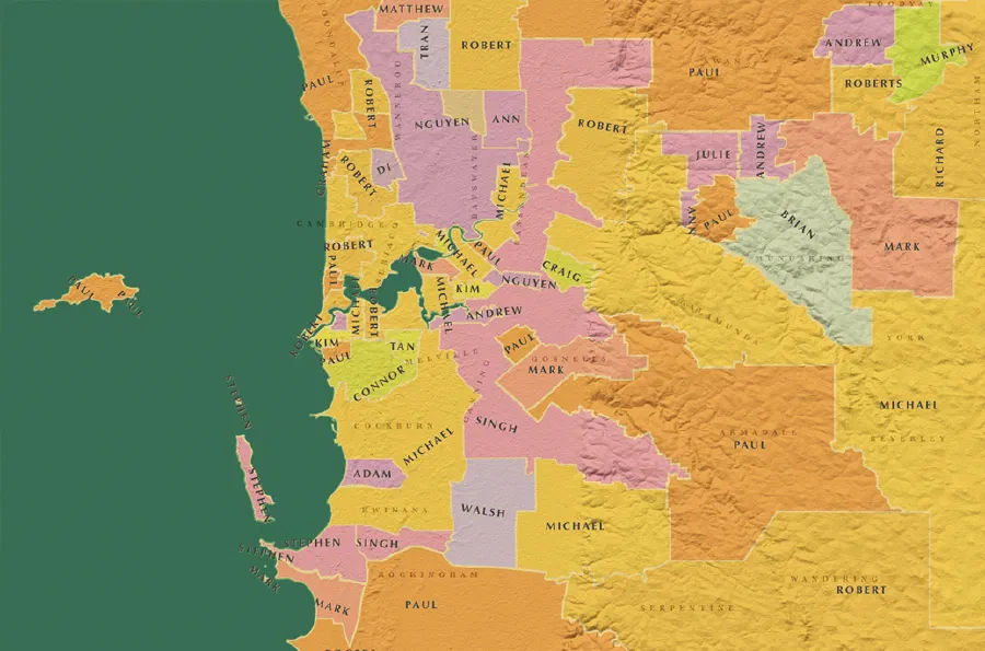 Map of most common business owner names in Perth