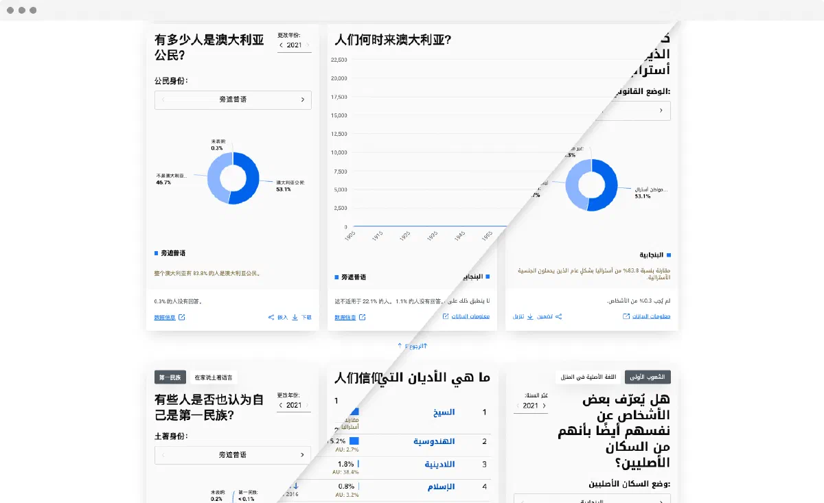Census data can be viewed in multiple languages such as Chinese and Arabic