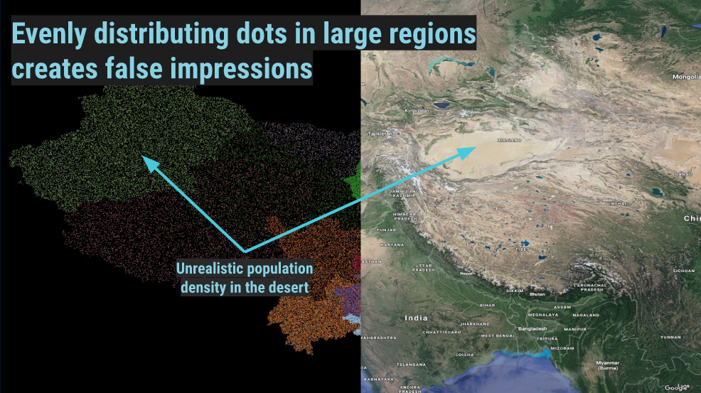 Evenly distributing dots in large regions can create false impressions